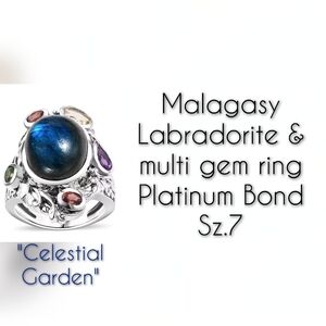 Malagasy Labradorite "Celestial Garden" multi gem ring, platinum bond, Sz.7